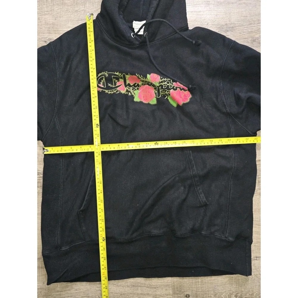 Champion Reverse Weave Rose Graphic Hoodie Black Oversized Large Y2K era